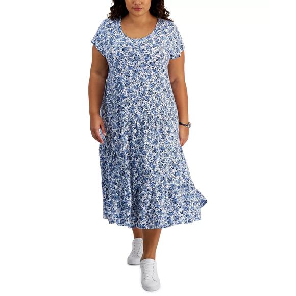 Tommy Hilfiger Plus Size Tiered Floral MIDI Dress Women's Size 3X Blue - Picture 1 of 4